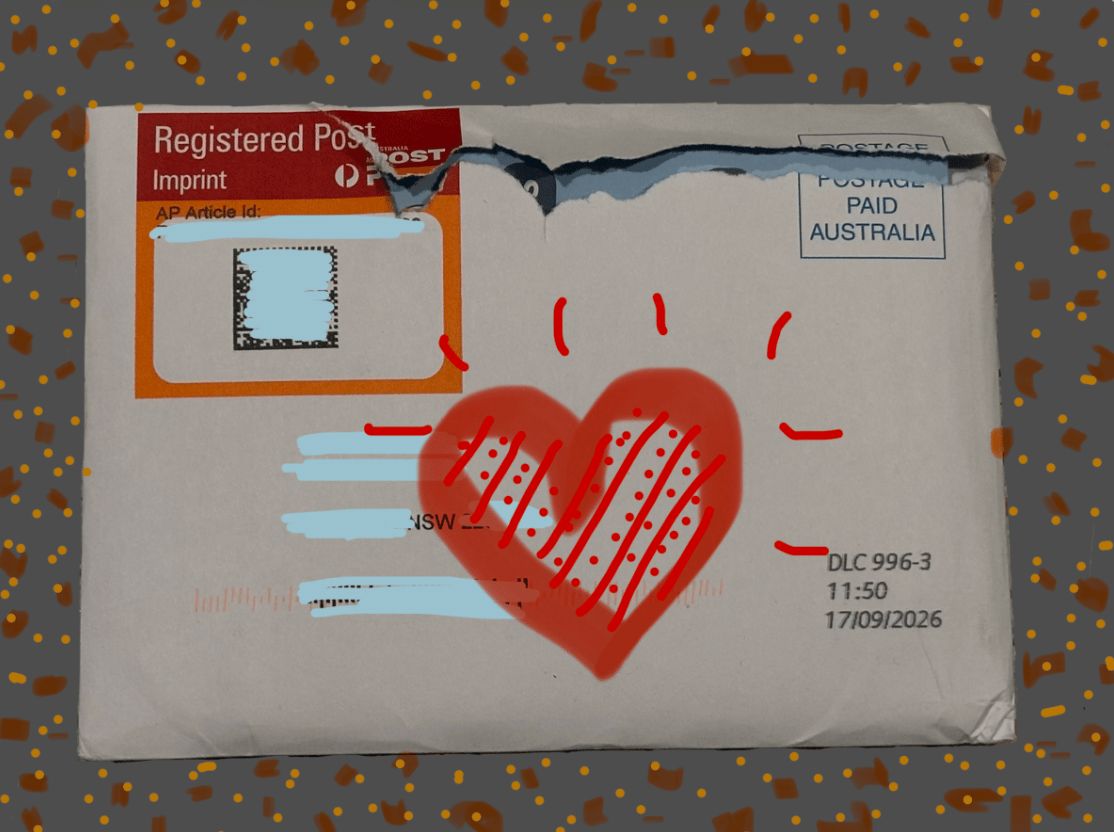 Photograph of an envelope that has a jagged rip along the upper portion. There’s digital painting on top to obscure sensitive information and to decorate the background. There’s a hand drawn heart drawn thickly in the middle of the envelope.